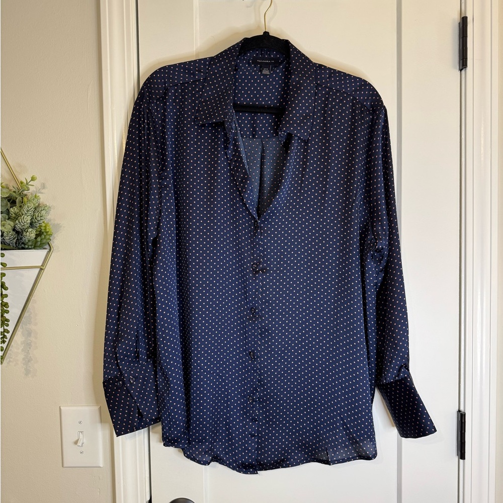 Tamara H Navy Blue/Pink Polka Dot Button Down Blouse